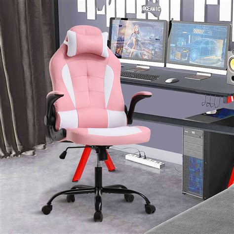 Girls' Gaming Chair Adjustable Leather Reclining Video Computer Chair with Flip Up Arms Headrest ...