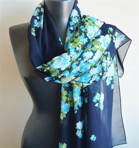 Floral Silk Scarf Dark Blue and Light Blue Rectangular Scarf - Etsy