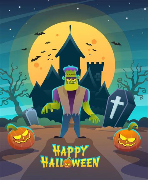 Happy halloween frankenstein monster character with dark night castle and moon concept ...