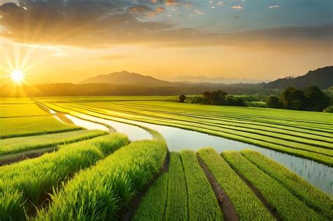 Premium AI Image | rice fields in the sunset