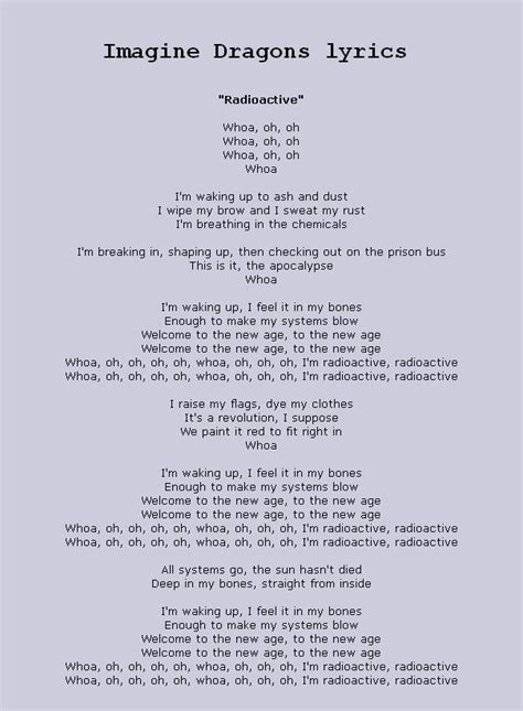 Lyrics to Radioactive by Imagine Dragons. Courtesy of AZlyrics.com ...