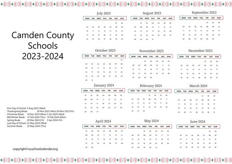 Camden County Schools Calendar with Holidays 2023-2024