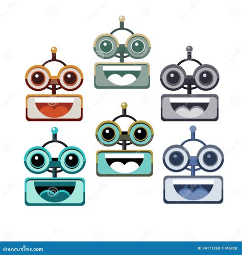 Cartoon Robot Face Smiling Cute Emotion Open Mouth Chat Bot Icon Set ...