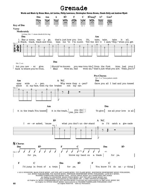 Grenade by Bruno Mars - Guitar Lead Sheet - Guitar Instructor