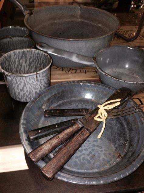 Antique Large Set of Gray Graniteware, Pans, Plate, Cups, Folks and Knifes on Etsy, $120.00 ...