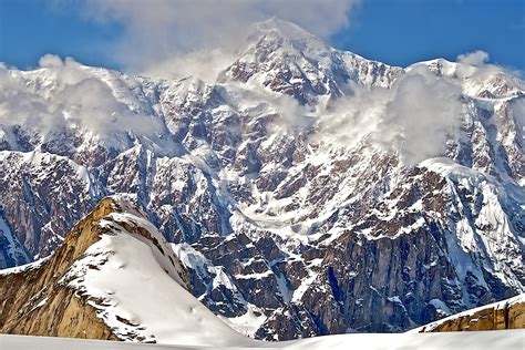 Summit of Denali (not McKinley) pictured from the Root Glacier in Denali National Park ...