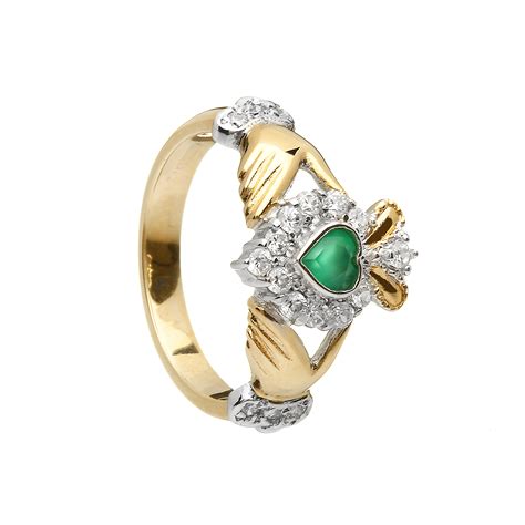 10CT Y/Gold Diamond & Emerald Claddagh ring 13 mm - Celtic Designs Jewelry