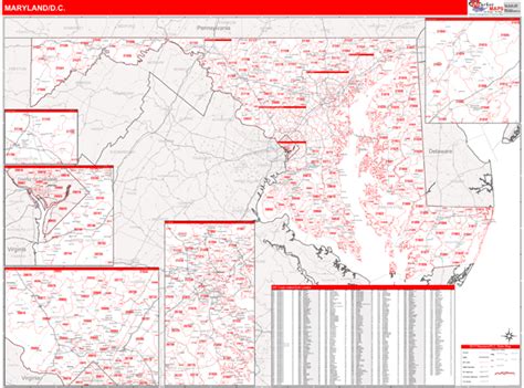 Maryland Zip Code Wall Map Red Line Style by MarketMAPS