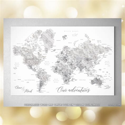 Custom marble effect world map with cities canvas print or push pin map. "Clare" # ...