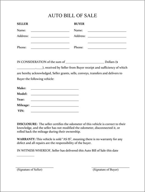 Free Printable Free car bill of sale template Form (GENERIC)