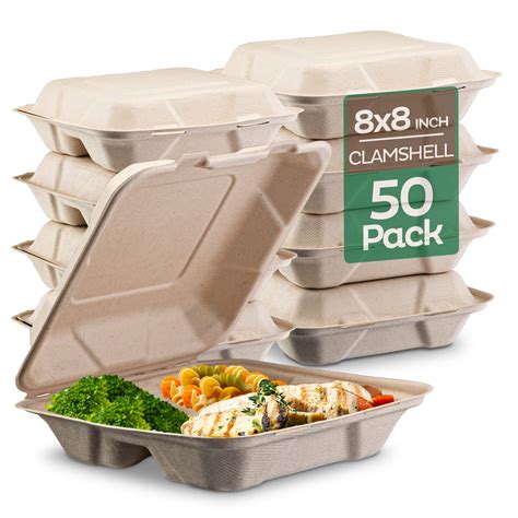 100% Compostable Clamshell Take Out Food Containers [8X8" 3-Compartment ...