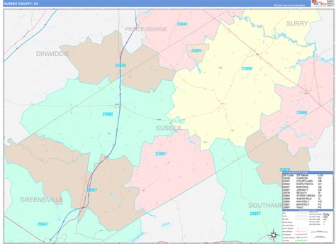 Sussex County, VA Wall Map Color Cast Style by MarketMAPS - MapSales