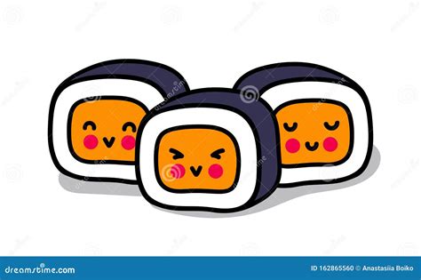 Little Kawaii Sushi with Cute Faces. Cute Cartoon Characters for Logo, Sticker, Pin, Badge ...