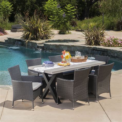Shiloh Outdoor 7 Piece Dining Set with Concrete Rectangular Table and ...