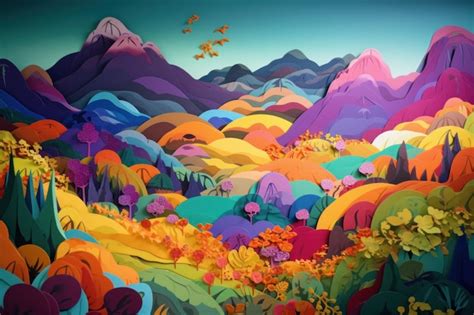 Premium Photo | A colorful painting of a mountain landscape with a ...