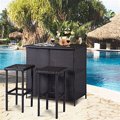 Tangkula 3 Piece Patio Bar Set Rattan Wicker Bar Stools & Table for ...