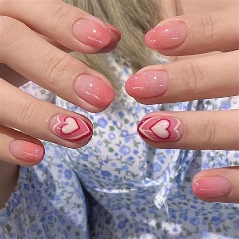24pcs Gradient Press On Nails Short Oval With Design, Valentine’s Day ...