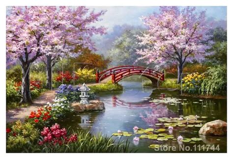 Japanese Garden in Bloom seascape paintings modern art home decor High quality Hand painted-in ...