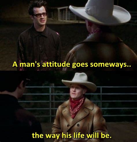 two men in cowboy hats talking to each other with the caption that says man's attitude goes ...