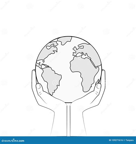 Bw Earth in Human Hands Isolated on a White Background, Outline Style Square Vector Illustration ...