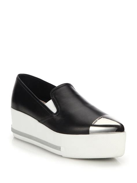 Miu miu Cap Toe Leather Platform Skate Sneakers in Black | Lyst