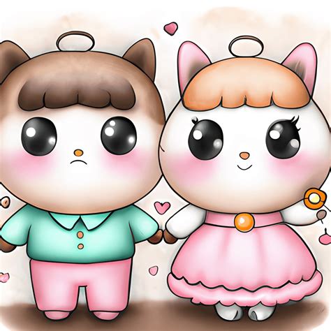 Cute Couple 1960s Animals with Chibi Eyes ASL Pastel Colors · Creative Fabrica