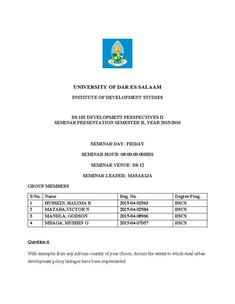 University OF DAR ES Salaam Institute OF development studies ...