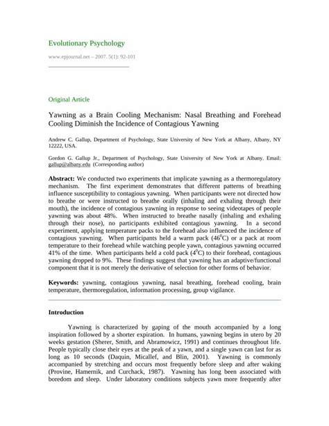 (PDF) Yawning as an Evolved Brain Cooling Mechanism · Yawning as a Brain Cooling Mechanism p ...