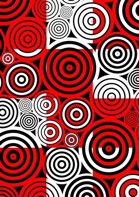 a red and black background with white circles