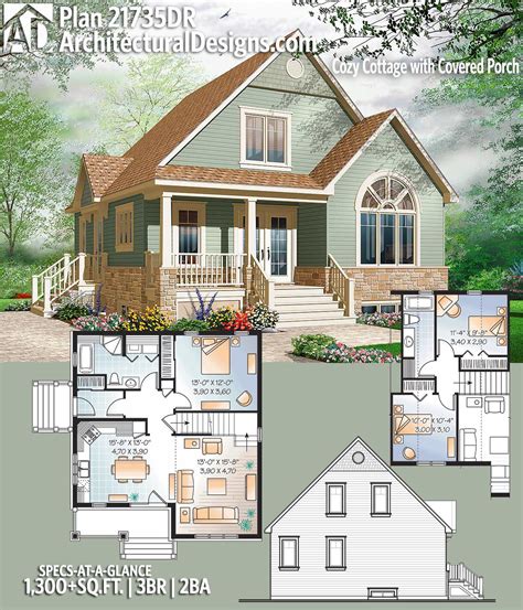 Plan 21735DR: Cozy Cottage with Covered Porch | Architectural design house plans, Cottage house ...