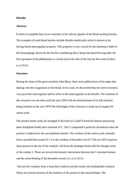Hirudin: Structure, Function, and Inhibition - Desklib