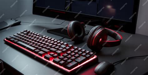 Premium Photo | Gaming keyboard and headset red and black on desk