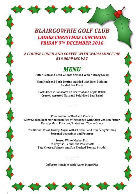 BLAIRGOWRIE GOLF CLUB LADIES' SECTION: CHRISTMAS LUNCH MENU