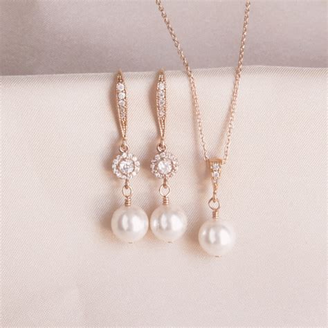 Pearl Wedding Jewelry SET, Pearl Rose Gold Earring Necklace SET, Rose ...