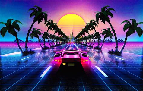 Auto, Road, Music, Lamborghini, Palma, Retro, Machine, Style, Palm trees, Background, 80s, Style ...