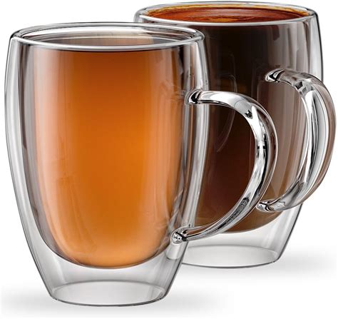 Glass Coffee or Tea Mugs, 12oz or 350ml, Double walled, Set of 2, Insulated, Tea, cappuccino ...