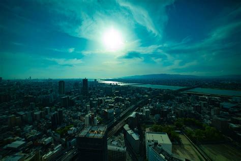 A sunset panoramic cityscape near Yodo river in Osaka wide shot ...