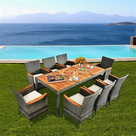 WELLFOR 9-Piece Gray Rattan Patio Dining Set Steel Rectangle Table with ...