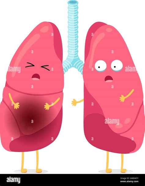 Cute cartoon funny unhealthy illness lungs character. Suffering sick lung mascot with pneumonia ...