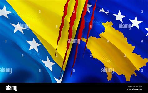 Bosnia and Kosovo flags with scar concept. Waving flag,3D rendering ...