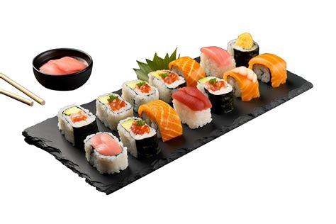 Sushi on black stone plate, isolated on white background, ai generate ...