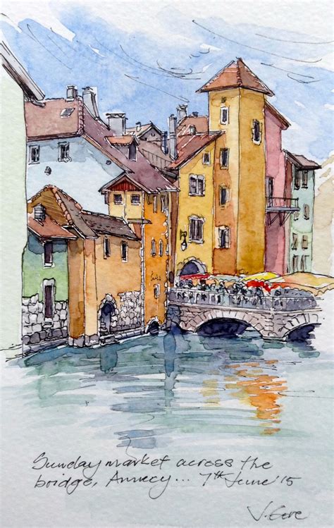 Sunday market in Annecy, France...Pen and wash by Jenny Gore. | Watercolor landscape, Watercolor ...