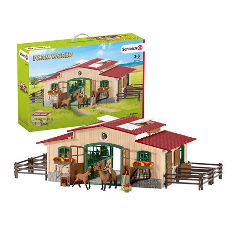 Schleich Farm World Stable Horse Toy Playset with 2 Horses & Rider Doll, 48 Pieces, Realistic ...