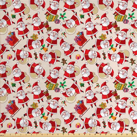 Christmas Fabric by The Yard, Cartoon Design Santa Claus Bringing Surprise Boxes Mistletoe ...