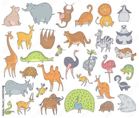 Cute set animals. Vector cartoon doodle characters illustration on white background. Stock ...