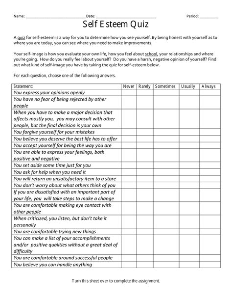 Self Esteem Assessment Worksheet Download Printable PDF | Templateroller