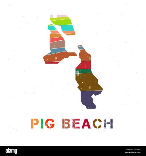 Pig Beach map design. Shape of the island with beautiful geometric waves and grunge texture ...
