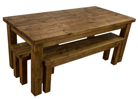 5X3 rustic wooden farmhouse dining table with matching benches.