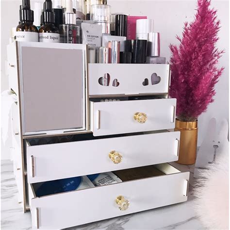 Multi-layer Desktop Wooden Makeup Organizer Case with Mirror Tissue Case,Multi Drawers Large ...