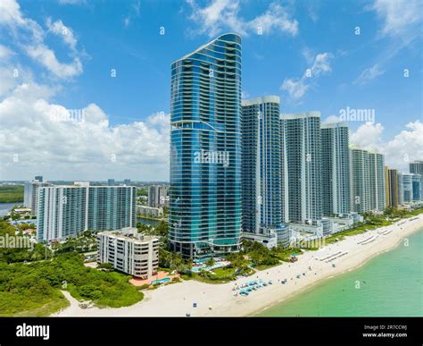 Sunny Isles Beach, FL, USA - June 14, 2023: Aerial photo The Ritz ...